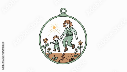 Illustration shows parent child, adult and child walking in sunny garden. Parent child figures among plants, flowers within circular frame. Concept parent child for family stationery, Mother's Day,