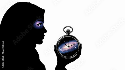 Silhouette woman holding pocket watch displaying cosmic time, mysterious glowing eyes and universe within watch. Exploring cosmic time for spiritual journey, destiny, self discovery.