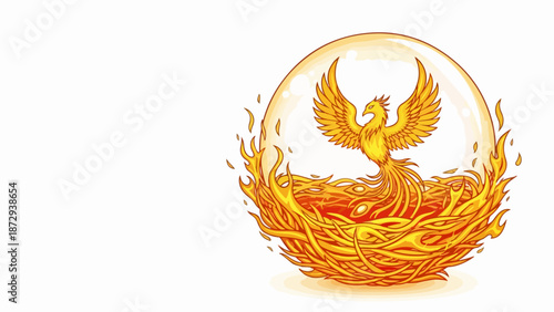 Golden Phoenix symbol emerging from glowing fiery egg, representing rebirth and eternal life. Ancient mythological Phoenix symbol embodies power, strength, and transformation.