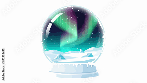 Aurora snow globe displays green and purple northern lights above a snowy landscape. Aurora snow globe features transparent glass sphere, icy terrain, and winter scene for decor.