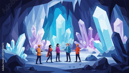 Visitors on cave exploration, viewing luminous crystal formations inside cavern. Group observes glowing structures during cave exploration. Concept cave exploration for travel, education, science.