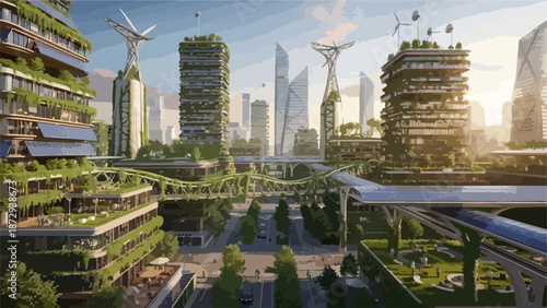 Modern sustainable city with green buildings and advanced infrastructure illustrates urban development. Progressive sustainable city design features solar panels, vertical gardens,