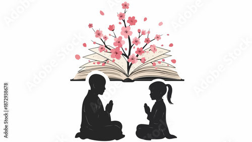 Silhouettes of children practicing childhood spirituality, sitting serenely in meditation pose. Open book with cherry blossoms illustrates natural childhood spirituality.