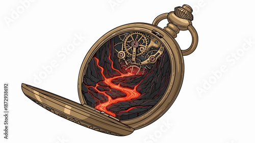 Detailed fantasy time illustration showing open golden pocket watch with lava landscape inside. Clockwork mechanisms merge with glowing volcanic stream, creating unique fantasy time imagery.