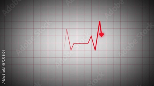 Cardiogram recording animation featuring red ECG waveform forming a heart icon on light grid background. Medical heartbeat monitor visualization for healthcare technology, clinical interface, and digi