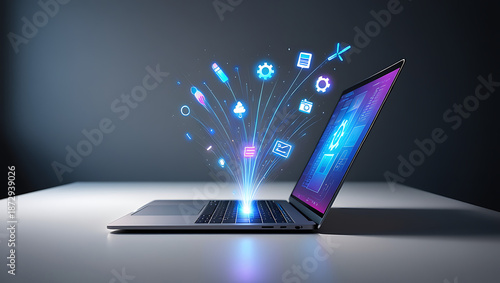 Modern laptop displaying digital icons and data