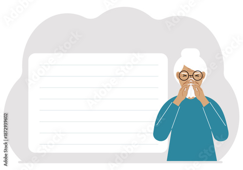 A woman covers his nose with his hands with a handkerchief. The concept of a sick person, sneezing, seasonal allergies, bad smell.