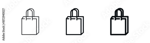 Shopping bag with handles icon in clean outline style. Three line weights: thin, regular, bold. Retail, e-commerce, shopping apps, online stores, packaging concept. Isolated vector illustration