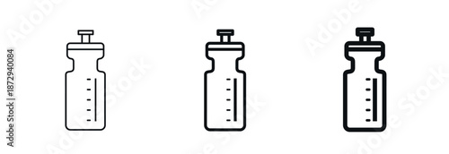 Reusable water bottle icon in outline style. Three line weights: thin, regular, bold. For fitness apps, sports branding, healthy lifestyle designs. Squeeze bottle with measurement marks. Vector