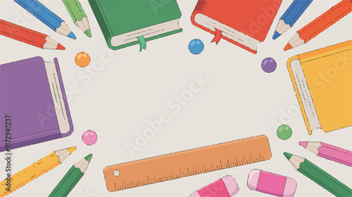 Colorful school supplies arranged in a circle on a beige background