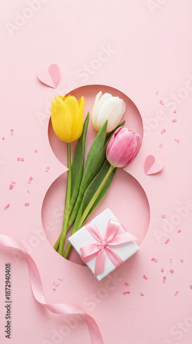 Celebratory Women's Day theme featuring tulips, a gift, and ribbon on a pink background