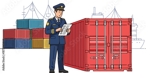 Man in uniform holds papers beside large red shipping container at port