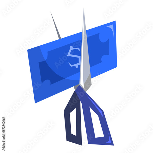 vector illustration of scissors cutting paper money, representing budget cut, cost control, and financial efficiency in business planning.