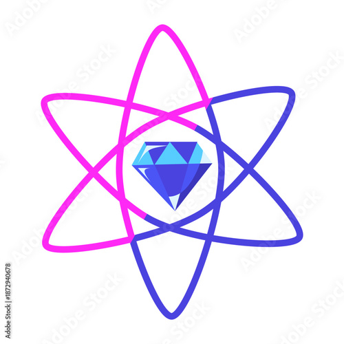 vector illustration of an atomic shape surrounding a diamond icon, representing core values, innovation, and fundamental principles in business and technology.