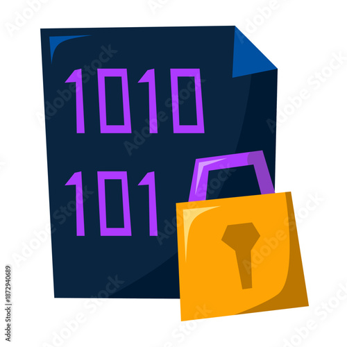 A vector illustration of a digital file with code symbols and a lock, representing protected information. Ideal for data encryption, cybersecurity, and digital privacy concepts.