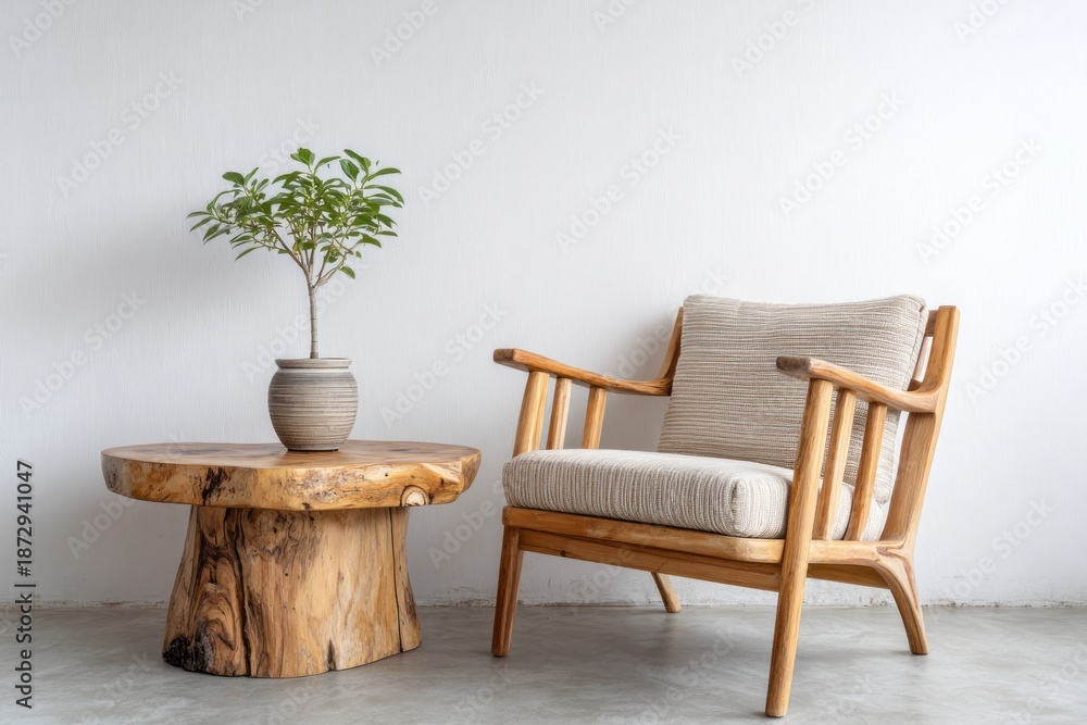 Fototapeta premium Natural wood furniture and potted plant sit against a white wall.