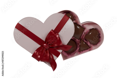A realistic 3D render of a heart-shaped box filled with assorted chocolates and tied with a satin bow. Perfect image for Valentine's Day advertising, packaging design, and sweet promotions.