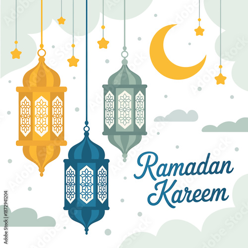 Ramadan kareem greeting with hanging lanterns and crescent moon