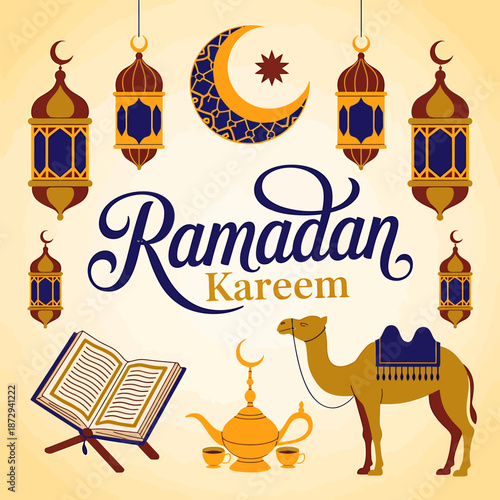 Ramadan kareem greeting with traditional islamic elements and decorations