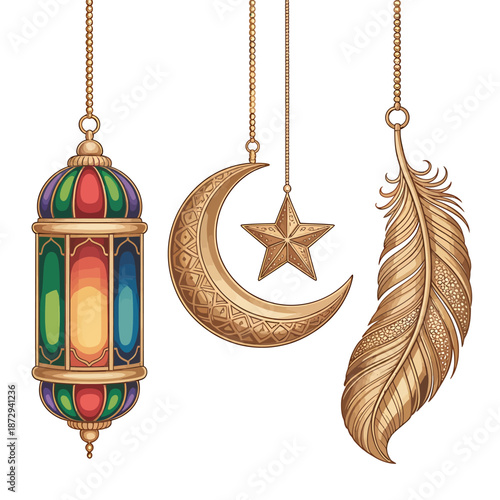 Beautiful islamic ornaments hanging with chain including lantern, crescent moon with star and feather