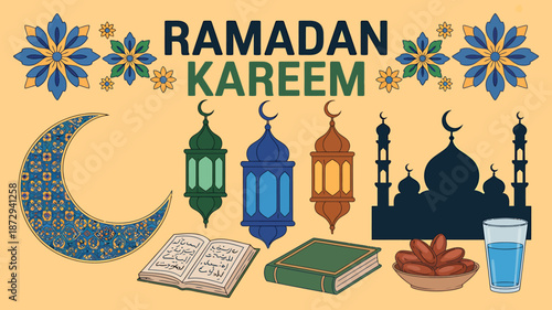 Ramadan kareem greeting card with islamic symbols and decorations