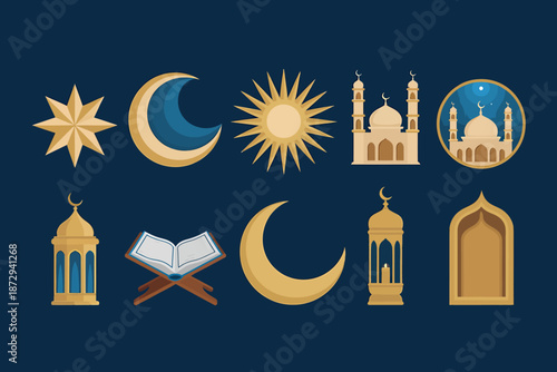 Islamic symbols and icons set including mosque, quran, crescent moon, star, and sun on dark blue background representing islamic faith and culture