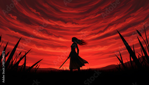 Woman silhouette holding a sword stands in a dark field under a swirling deep red sky for dramatic editorial fantasy themes.