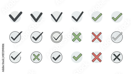 Checkmarks and crosses symbols in circles and ovals
