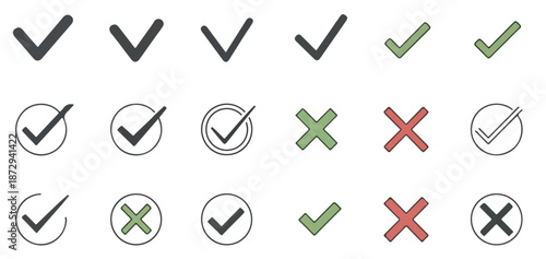 Checkmarks and crosses symbols in various styles and colors