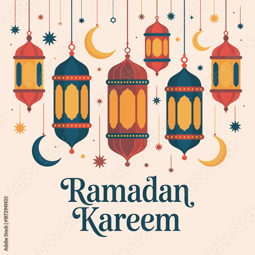 Ramadan kareem celebration with hanging lanterns and celestial bodies
