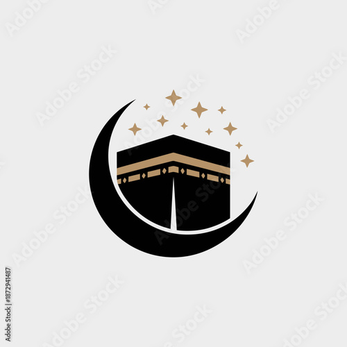 Eid mubarak greeting with kaaba and crescent moon illustration