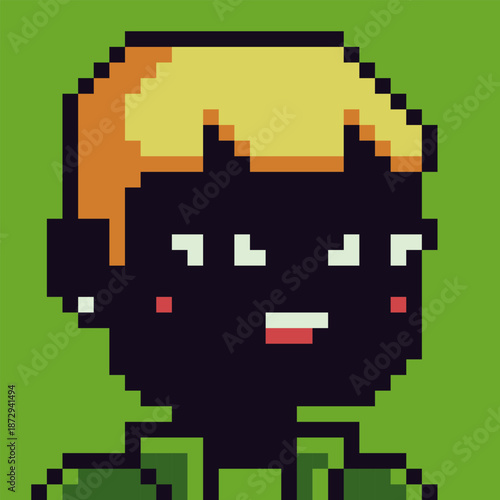 Pixel art portrait of young boy with blond hair and dark skin tone retro 8-bit style character, avatar, profile icon, UI element, sticker, and indie digital project