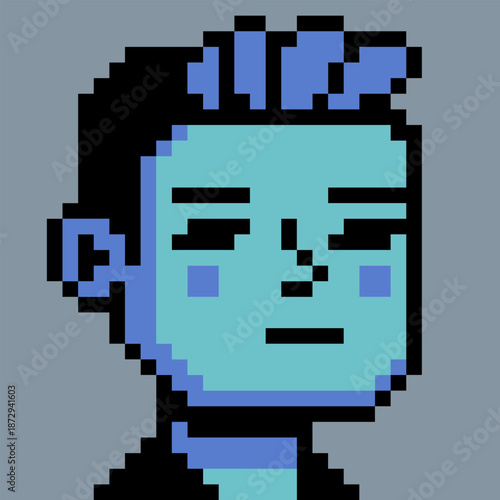 Pixel art portrait of young boy with blue hair, retro 8-bit style character, avatar, profile icon, UI element, sticker, and indie digital project.