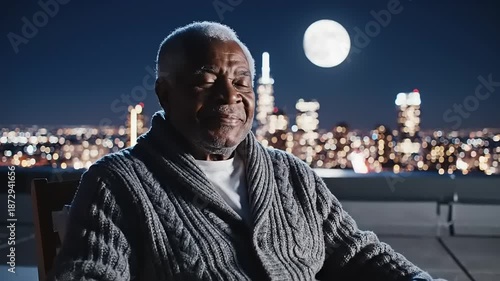 Wallpaper Mural Elderly man admiring cityscape at night under full moon with buildings Torontodigital.ca