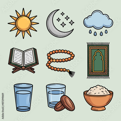 Ramadan elements illustration featuring islamic symbols and fasting essentials
