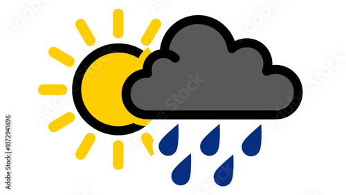 Sun and Rain Cloud Icon - Weather Forecast Symbol.