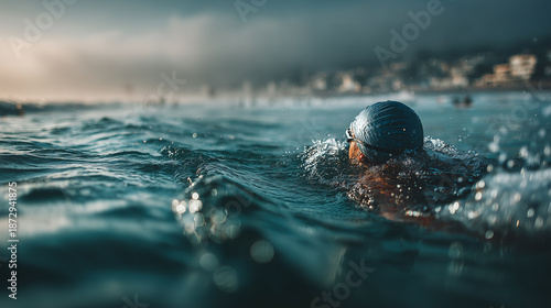 Wallpaper Mural Swimmer wearing cap swims in open water, rear view, waves, sunrise light, blurred coastal city
 Torontodigital.ca