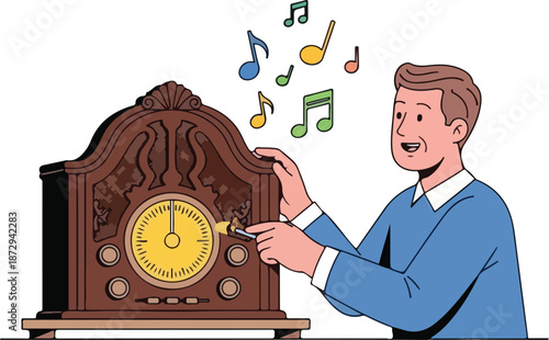 Man tuning a vintage radio with music notes floating out in the air
