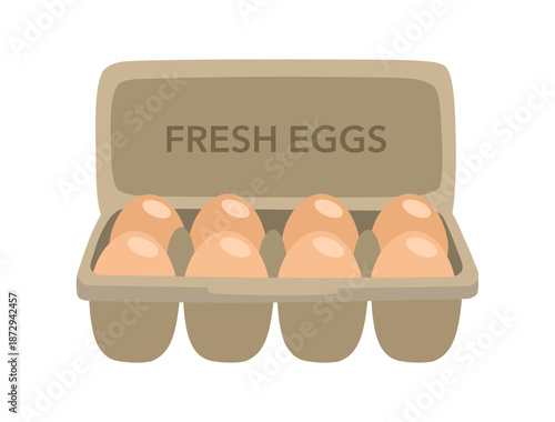 Eggs in Boxes, Farmer Production, Organic Farm Food Icons for Market Place, Store or Shop. Poultry Production, Agriculture, Chicken Eggs in Closed and Open Boxes. Cartoon Vector Illustration