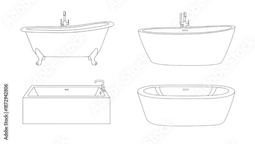 Collection of freestanding and built-in bathtubs in a minimalist line art style