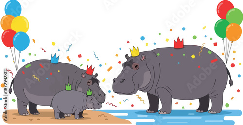 Three hippos wearing crowns celebrate with balloons and confetti