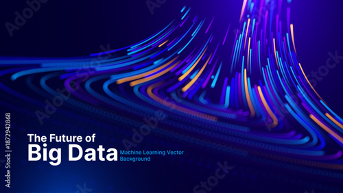 Big Data Technology Flow Background with Neural Network Particles and Digital Stream Lines. Futuristic Data Science Concept. Tech Business Presentation or Annual Report Template. Vector Illustration.