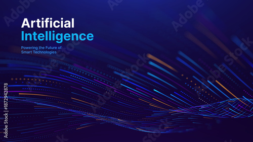 Big Data Flow Particles Dots. Digital Neural Network. Concept of AI Artificial Intelligence Technology Machine Deep Learning. Digital Communication. Scientific Research Presentation Vector.