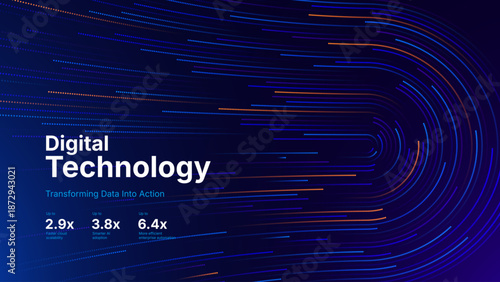 Digital Transformation Concept with Futuristic Data Flow and Smart Technology Visualization. Abstract Big Data, Artificial Intelligence AI, Automation Design. Tech and Science Vector Illustration.