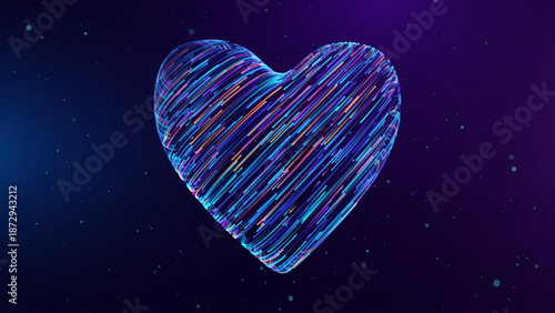3D Digital Tech Heart Formed From Glowing Light Particles With Flowing Trails. Valentine’s Day Technology Inspired Banner Concept. Wireframe Low-Poly Heart Symbol Vector Illustration.
