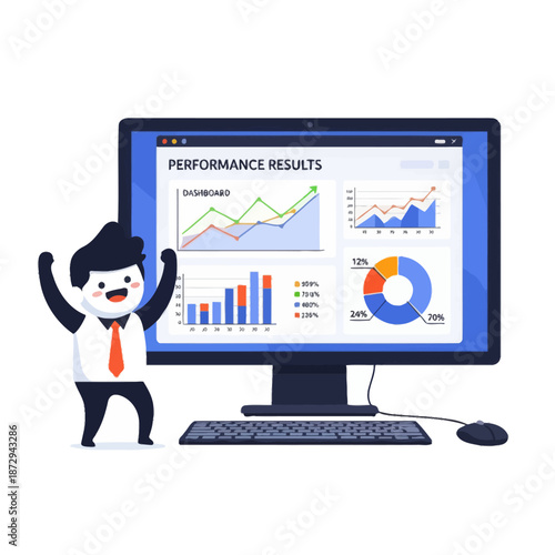 Businessman celebrating successful performance results on computer dashboard