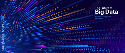 Big Data Technology Flow Background with Neural Network Particles and Digital Stream Lines. Futuristic Data Science Concept. Tech Business Presentation or Annual Report Template. Vector Illustration.