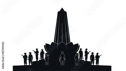 The black silhouette of the hero's monument with lotus petal decoration and rows of armed soldiers.
