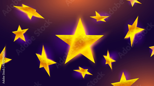 Golden Glowing Star Abstract Space Background With Low Poly Shining Shapes And Cosmic Light, Magical Night Sky Design For Celebration, Fantasy And Modern Wallpaper. Vector Illustration