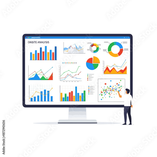 Business data analysis on monitor screen with charts and graphs, person pointing